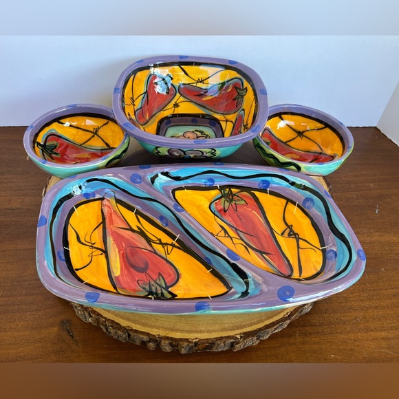 Kelly Jo Kuchar 4 PC Chip & Dip Set. Handpainted Handmade in Mexico. Signed. - Picture 3 of 16